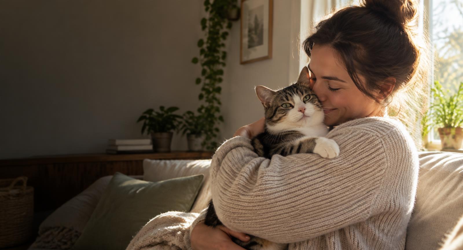 A happy adopted cat held by their new owner